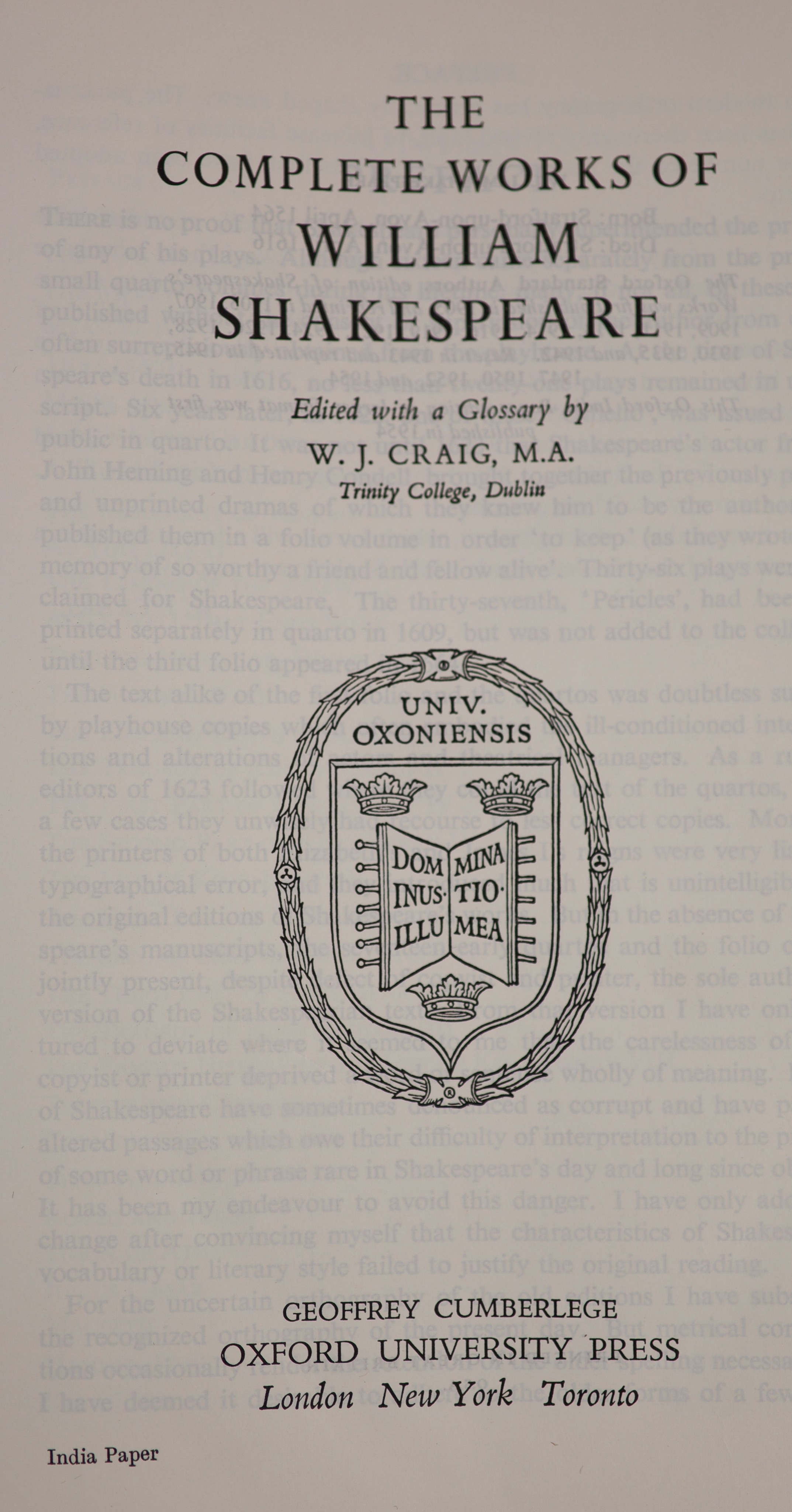 Shakespeare, William. Craig, W.J. (editor) - The Complete Works of William Shakespeare. 1st edition on India paper. Publishers gilt panelled polished morocco, decoratively gilt panelled spine with letters direct, gilt ed